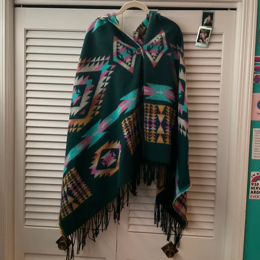 Multicolored patterned shawl with hood and buttons